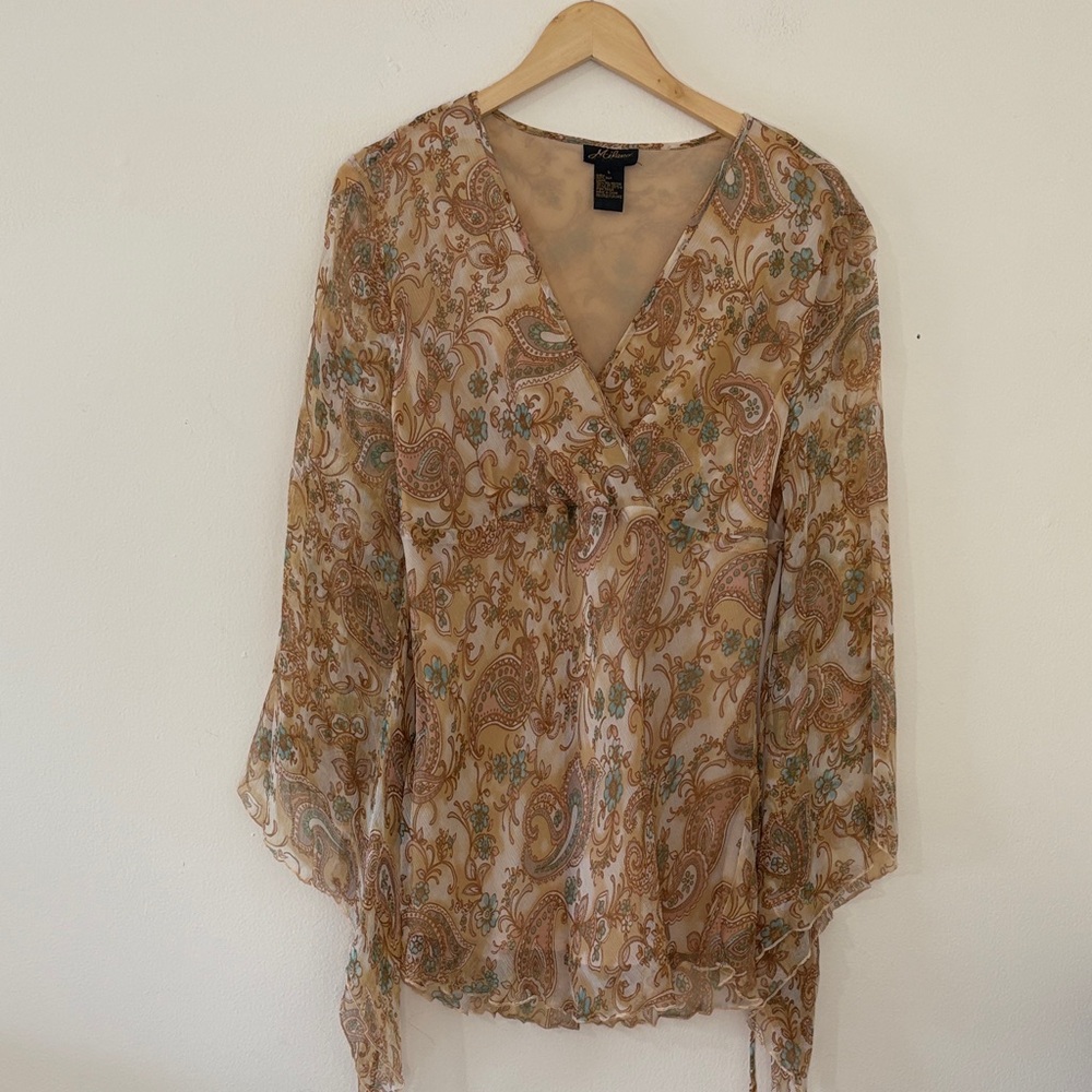 Vintage Y2K Shirt Top Blouse 100% Silk Paisley Sheer Boho Whimsical Fairy Large